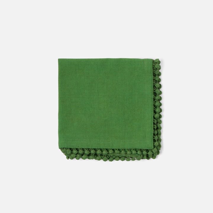 Margot Ivy Green Pom Pom Border Cocktail Napkin Cotton Canvas 11X11 Pack/4