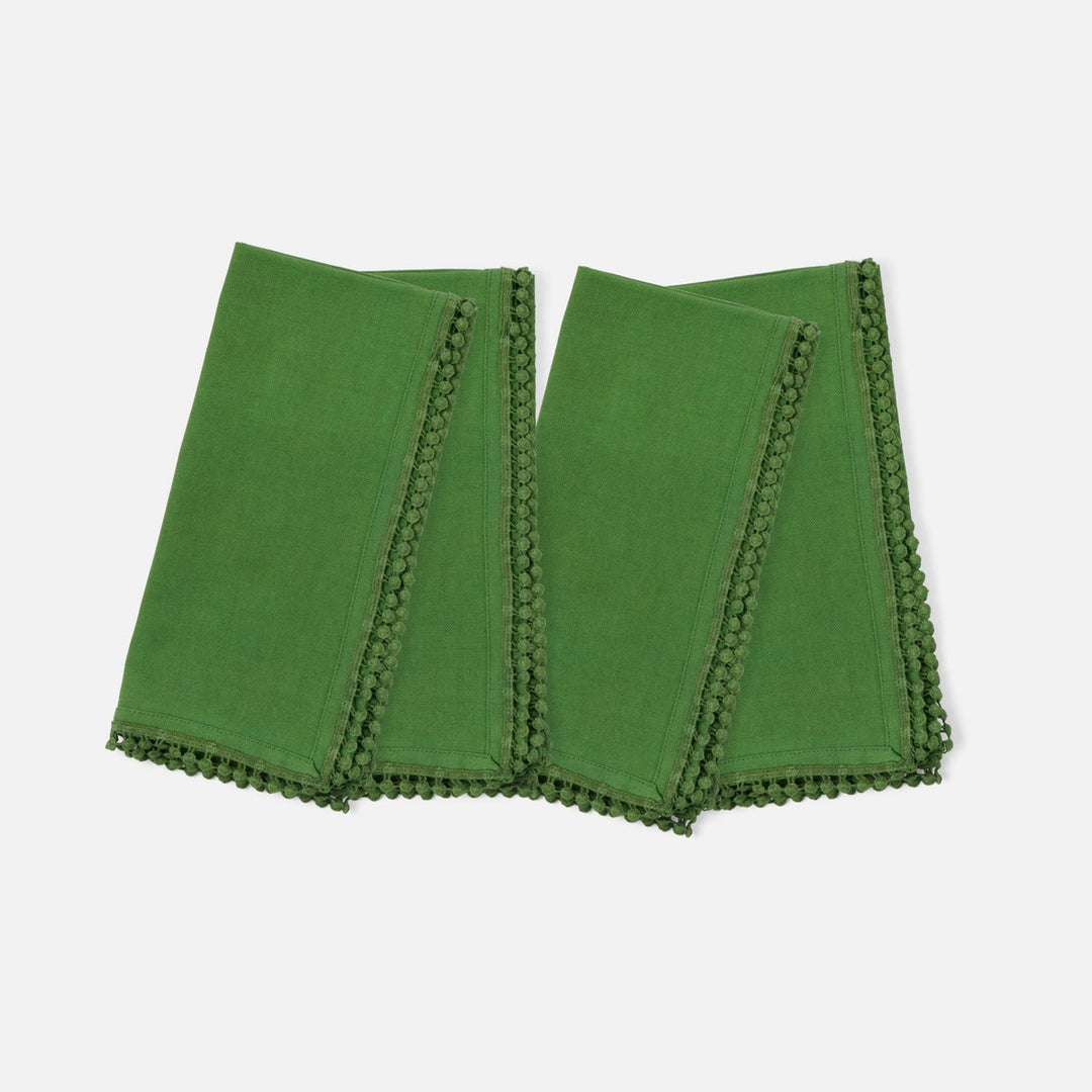 Margot Ivy Green Pom Pom Border Napkin Cotton Canvas 22X22 Pack/4