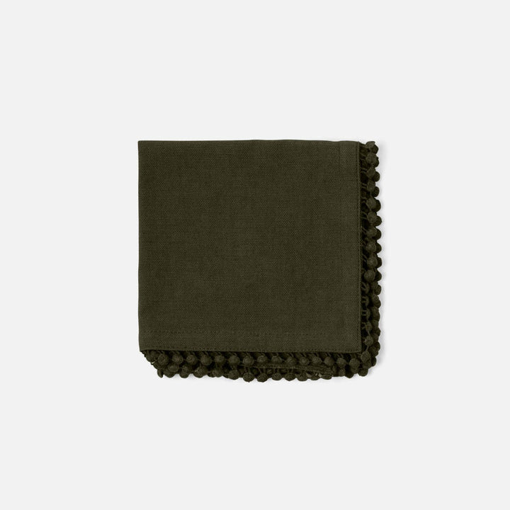Margot Dark Olive Pom Pom Border Cocktail Napkin Cotton Canvas 11X11 Pack/4