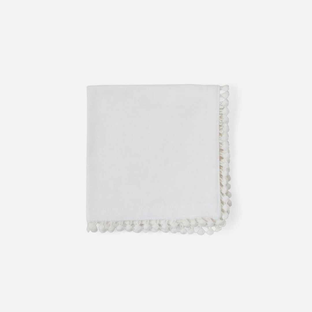 Margot White Pom Pom Border Cocktail Napkin Cotton Canvas 11X11 Pack/4