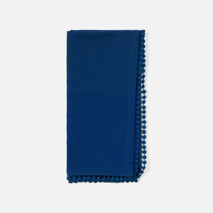 Margot Classic Blue Pom Pom Border Napkin Cotton Canvas 22X22 Pack/4