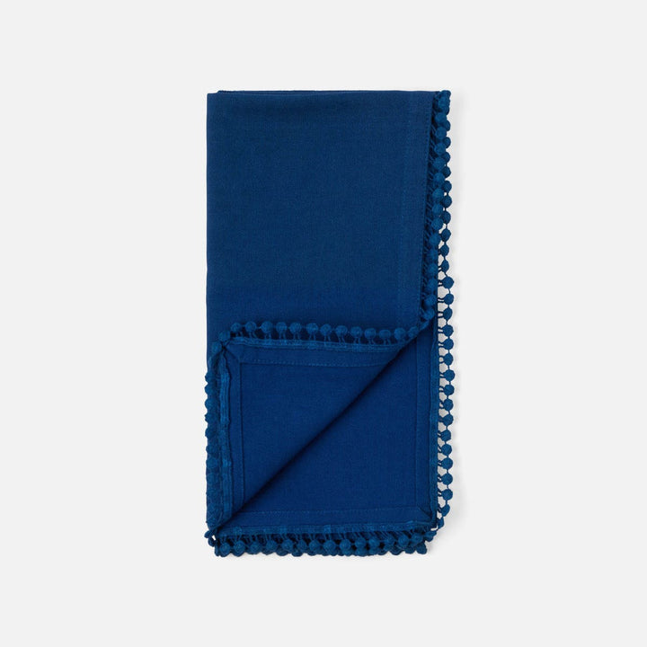 Margot Classic Blue Pom Pom Border Napkin Cotton Canvas 22X22 Pack/4
