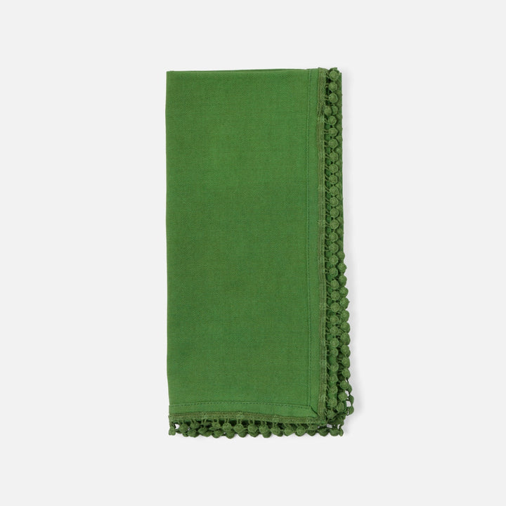 Margot Ivy Green Pom Pom Border Napkin Cotton Canvas 22X22 Pack/4