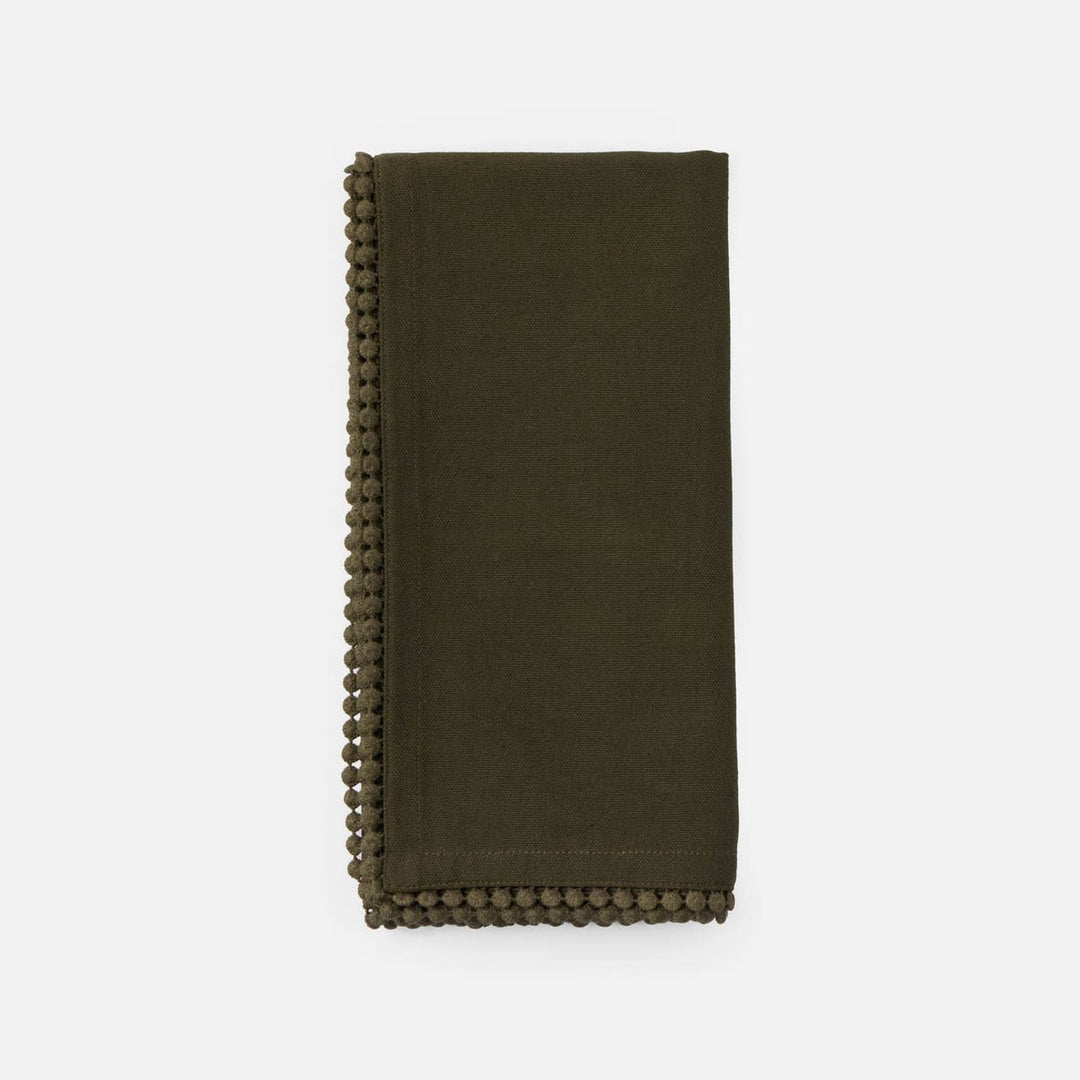 Margot Dark Olive Pom Pom Border Napkin Cotton Canvas 22X22 Pack/4