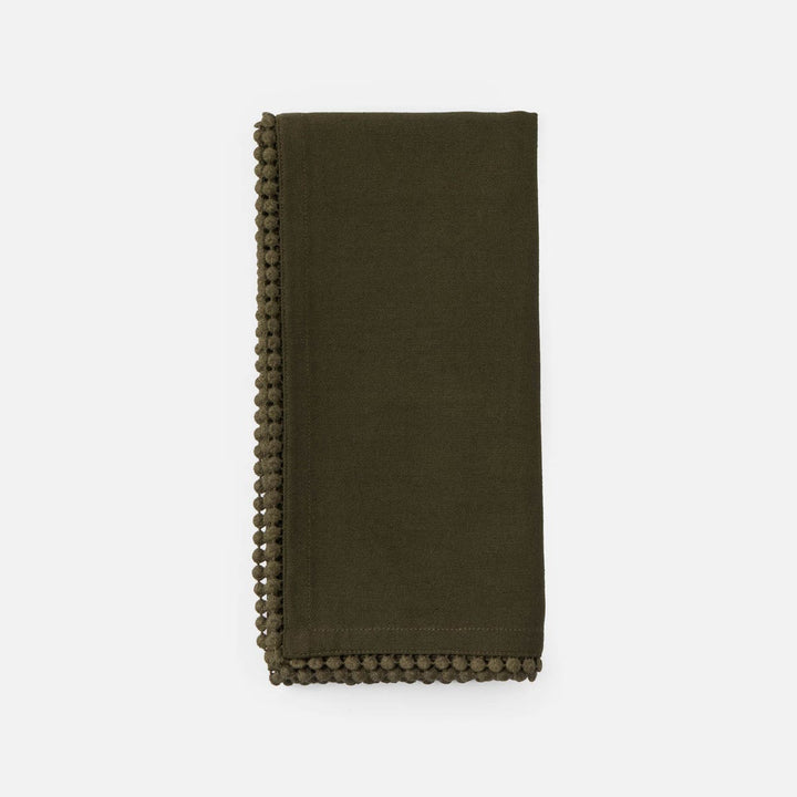 Margot Dark Olive Pom Pom Border Napkin Cotton Canvas 22X22 Pack/4