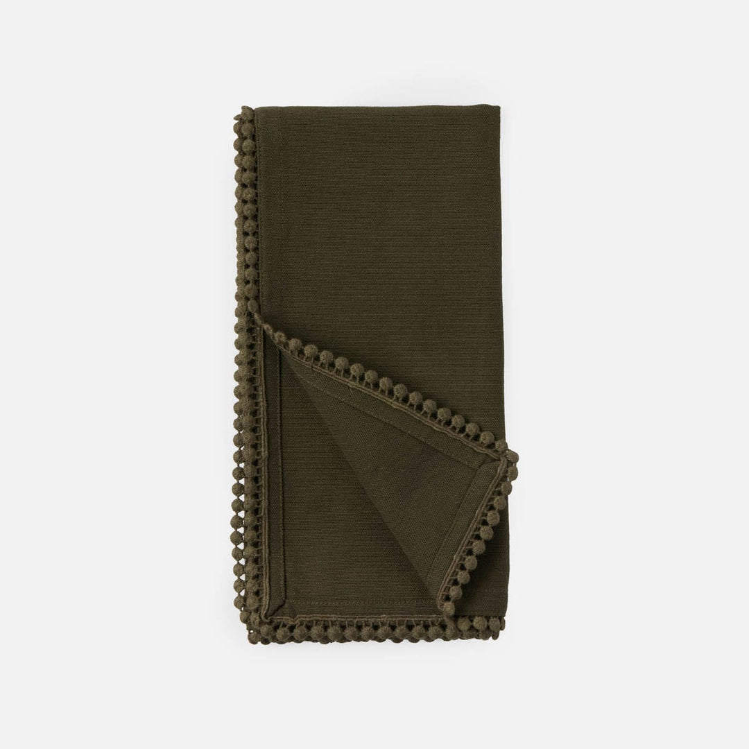 Margot Dark Olive Pom Pom Border Napkin Cotton Canvas 22X22 Pack/4
