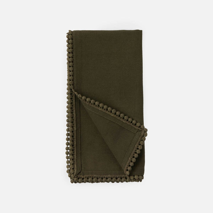 Margot Dark Olive Pom Pom Border Napkin Cotton Canvas 22X22 Pack/4