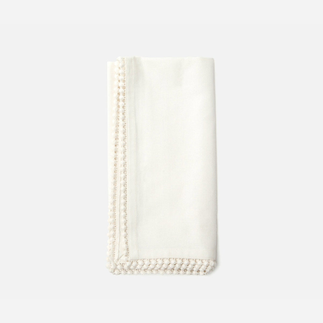 Margot Ivory Pom Pom Border Cocktail Napkin Cotton Canvas 11X11 Pack/4
