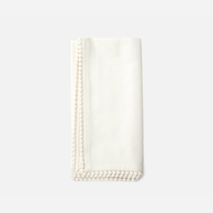 Margot Ivory Pom Pom Border Cocktail Napkin Cotton Canvas 11X11 Pack/4