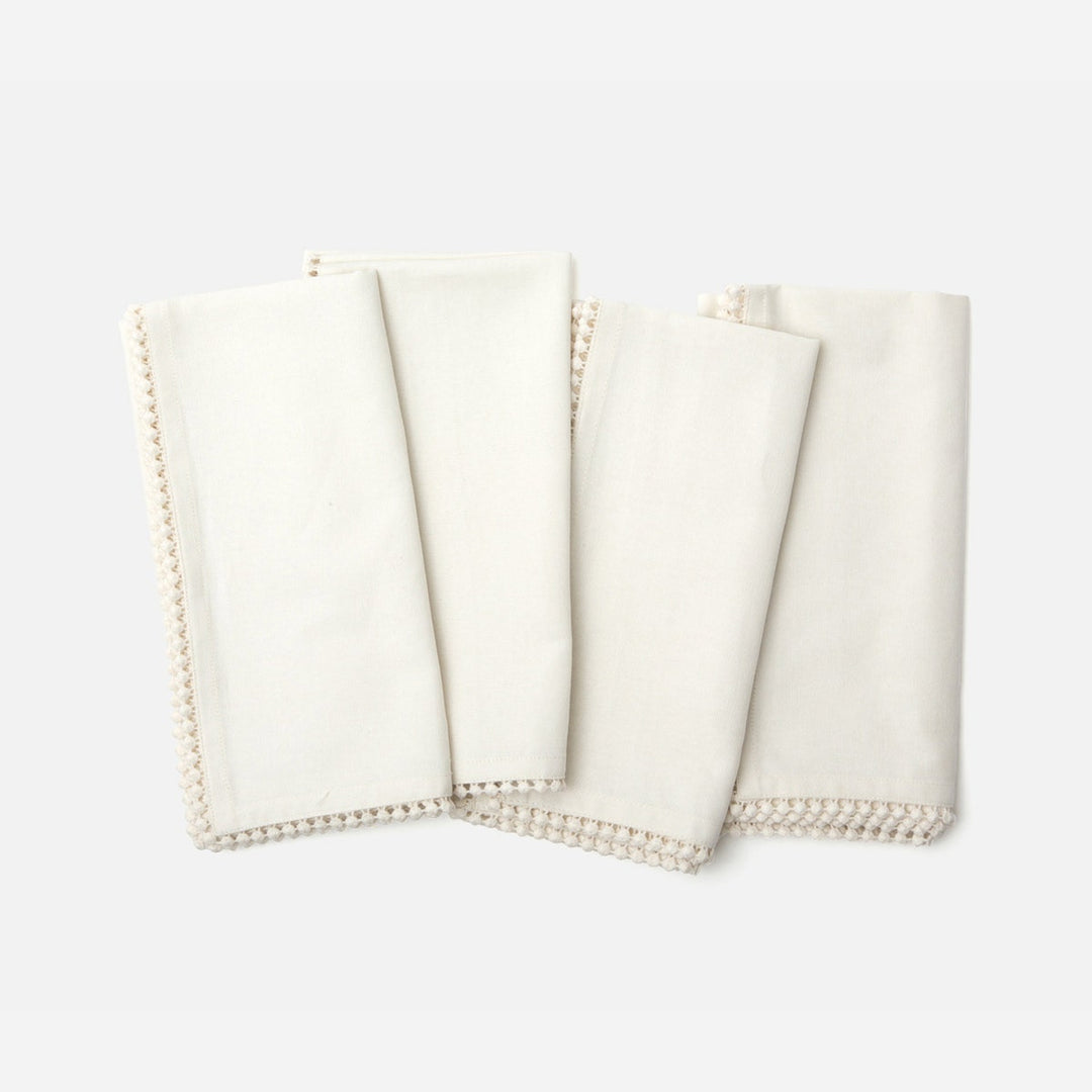 Margot Ivory Pom Pom Border Cocktail Napkin Cotton Canvas 11X11 Pack/4