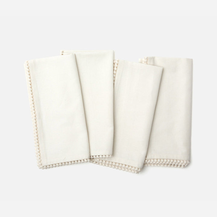Margot Ivory Pom Pom Border Cocktail Napkin Cotton Canvas 11X11 Pack/4