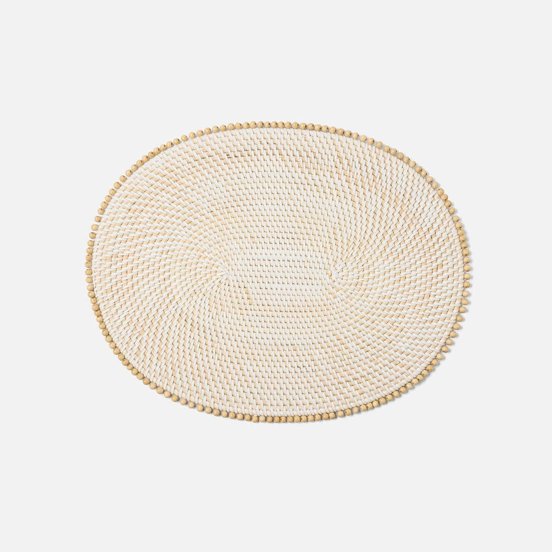 Cassia White/Natural Beaded Oval Placemat Faux Rattan/Wood Pack/4