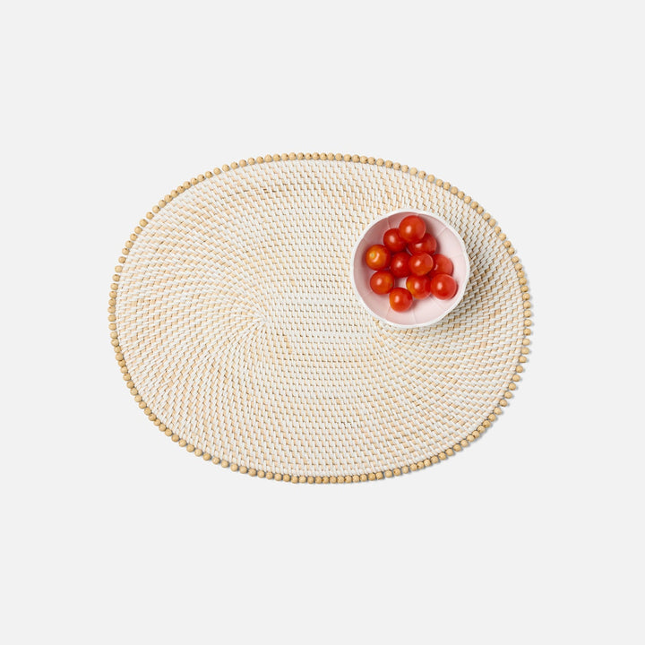 Cassia White/Natural Beaded Oval Placemat Faux Rattan/Wood Pack/4