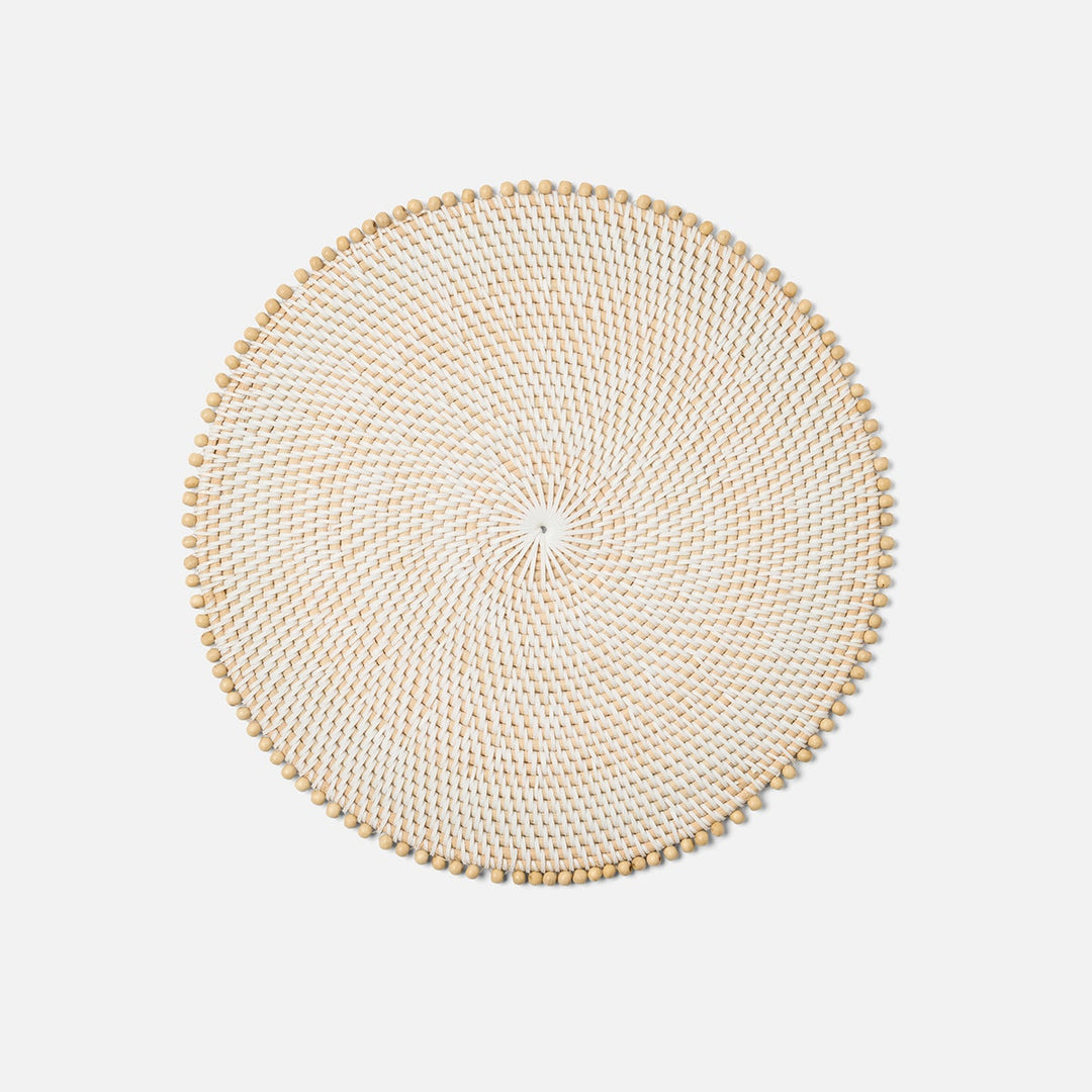 Cassia White/Natural Beaded Round Placemat Faux Rattan/Wood Pack/4