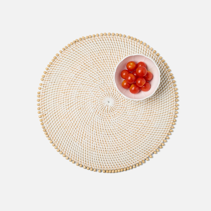 Cassia White/Natural Beaded Round Placemat Faux Rattan/Wood Pack/4