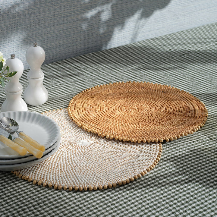 Cassia White/Natural Beaded Round Placemat Faux Rattan/Wood Pack/4