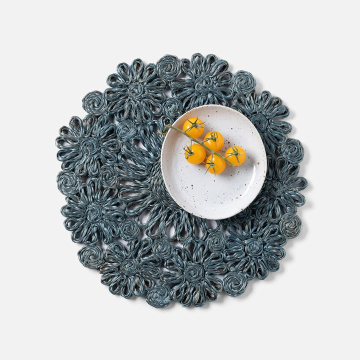 Eliana Dark Teal Floral Placemat Round Abaca Pack/4