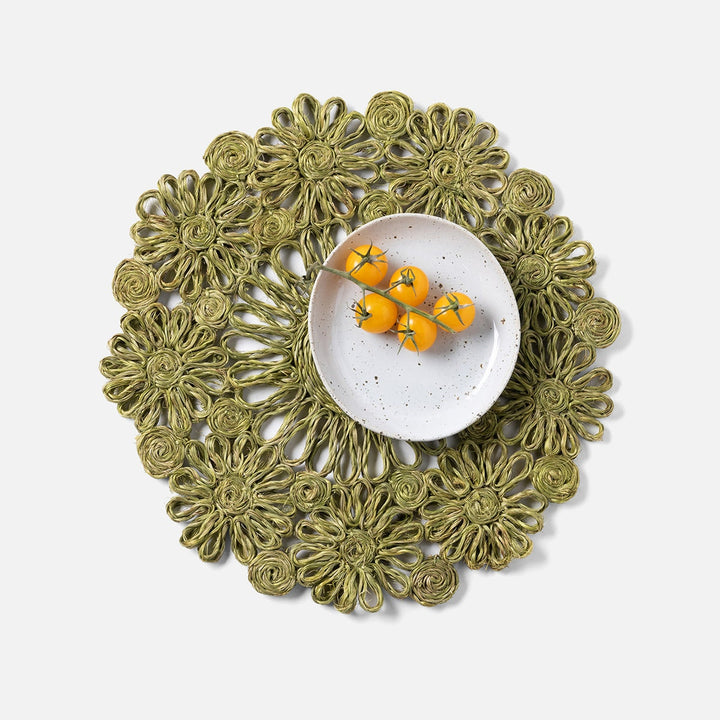 Eliana Olive Green Floral Placemat Round Abaca Pack/4