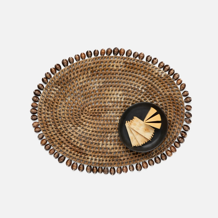 Bondi Natural Cowrie Shell/Brown Pandan Leaf Oval Placemat Pack/2