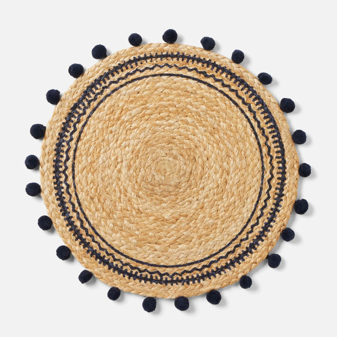 Giada Natural/Navy Pom Pom Round Placemat Jute Pack/4