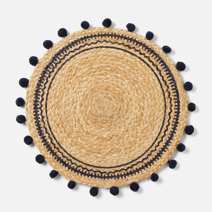 Giada Natural/Navy Pom Pom Round Placemat Jute Pack/4