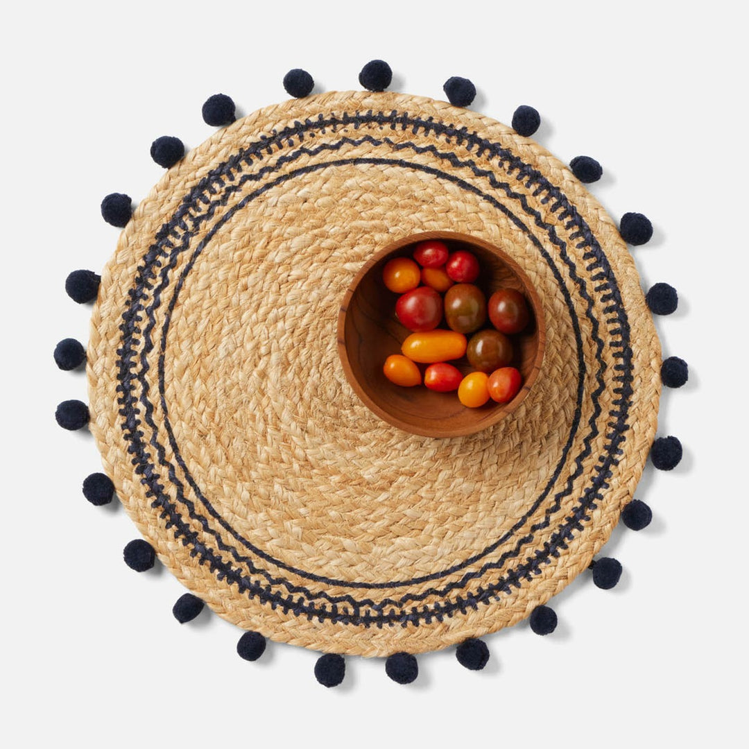 Giada Natural/Navy Pom Pom Round Placemat Jute Pack/4