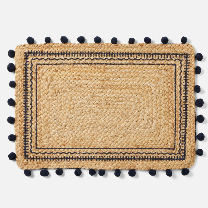 Giada Natural/Navy Pom Pom Rectangular Placemat Jute Pack/4