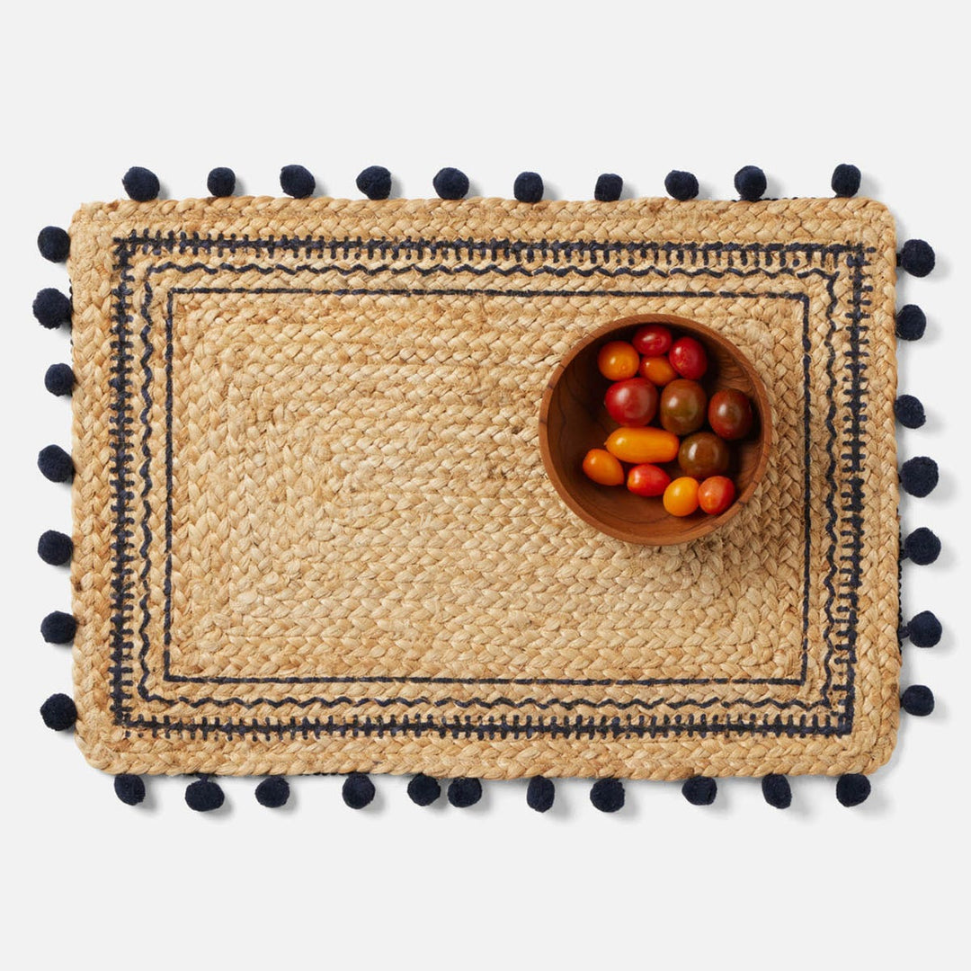 Giada Natural/Navy Pom Pom Rectangular Placemat Jute Pack/4
