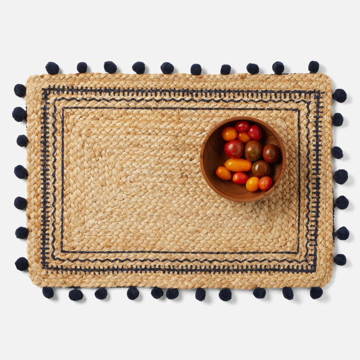 Giada Natural/Navy Pom Pom Rectangular Placemat Jute Pack/4