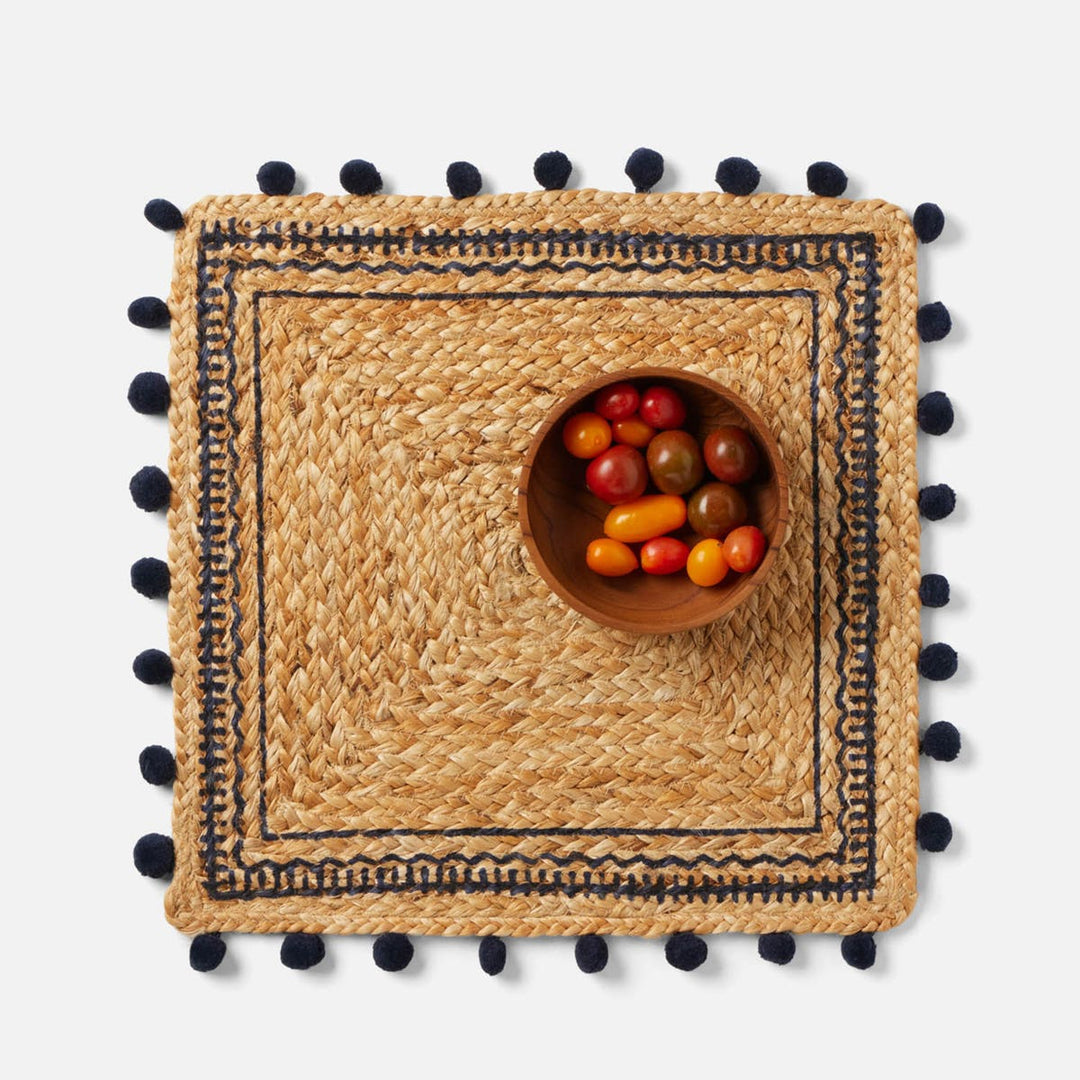 Giada Natural/Navy Pom Pom Square Placemat Jute Pack/4