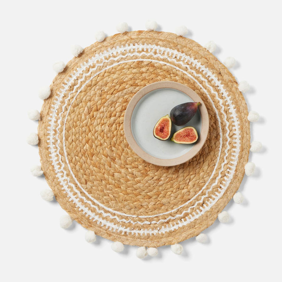 Giada Natural/White Pom Pom Round Placemat Jute Pack/4