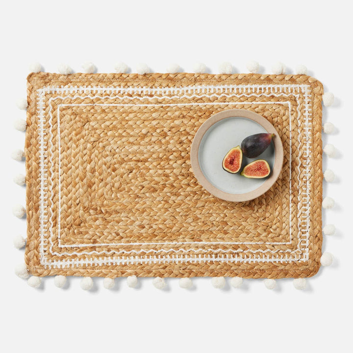 Giada Natural/White Pom Pom Rectangular Placemat Jute Pack/4