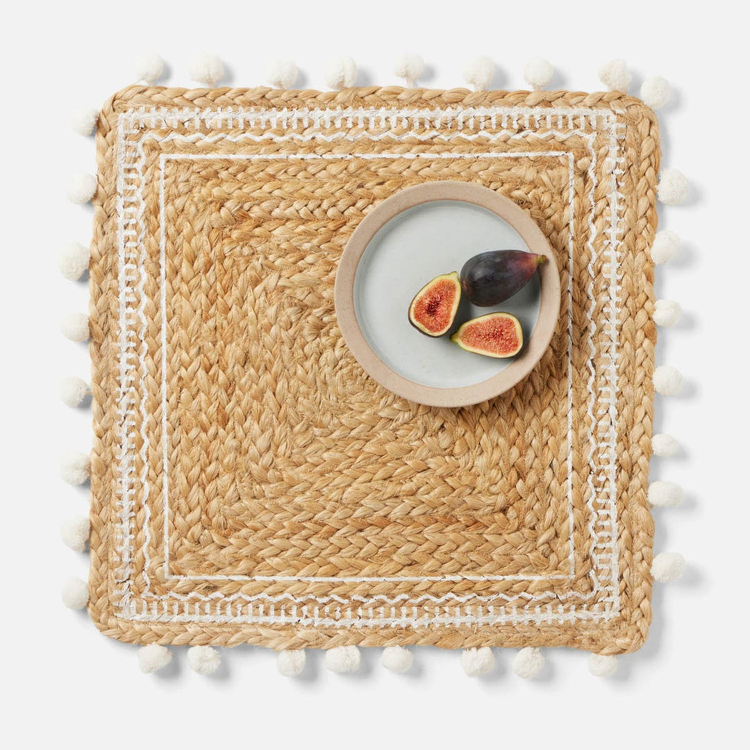 Giada Natural/White Pom Pom Square Placemat Jute Pack/4