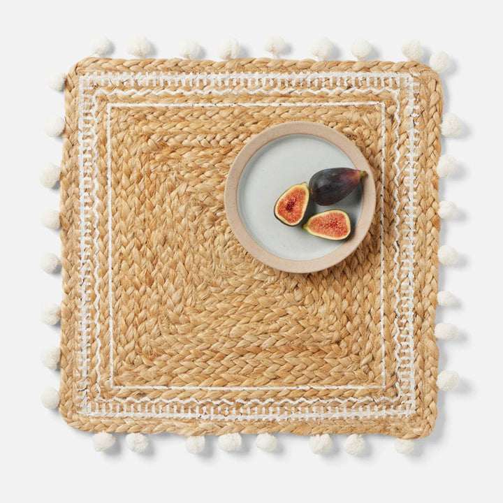 Giada Natural/White Pom Pom Square Placemat Jute Pack/4