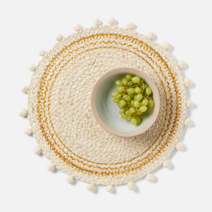 Giada White/Natural Pom Pom Round Placemat Jute Pack/4