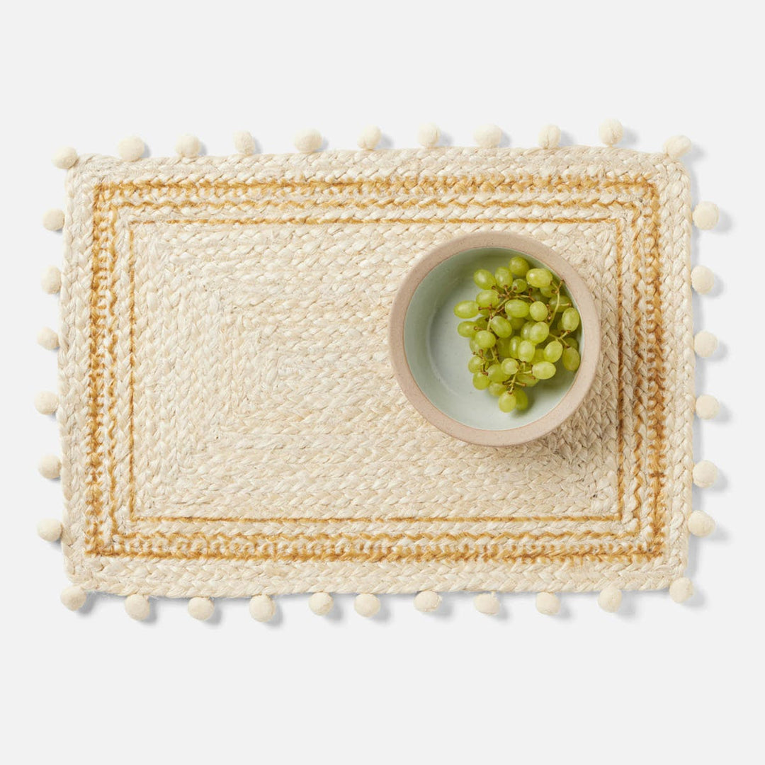 Giada White/Natural Pom Pom Rectangular Placemat Jute Pack/4