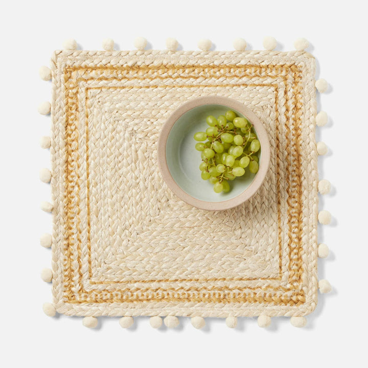 Giada White/Natural Pom Pom Square Placemat Jute Pack/4