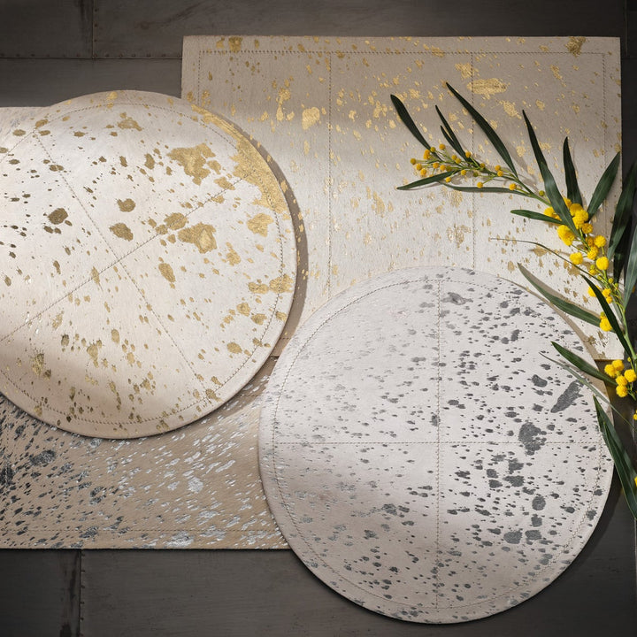 Miriam White/Gold Speckle Round Placemat Hair-On-Hide Pack/2