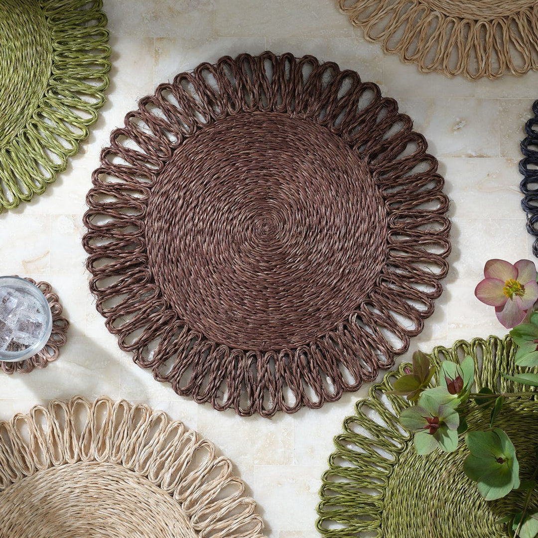Teigan Brown Floral Design Round Placemat Abaca Pack/4