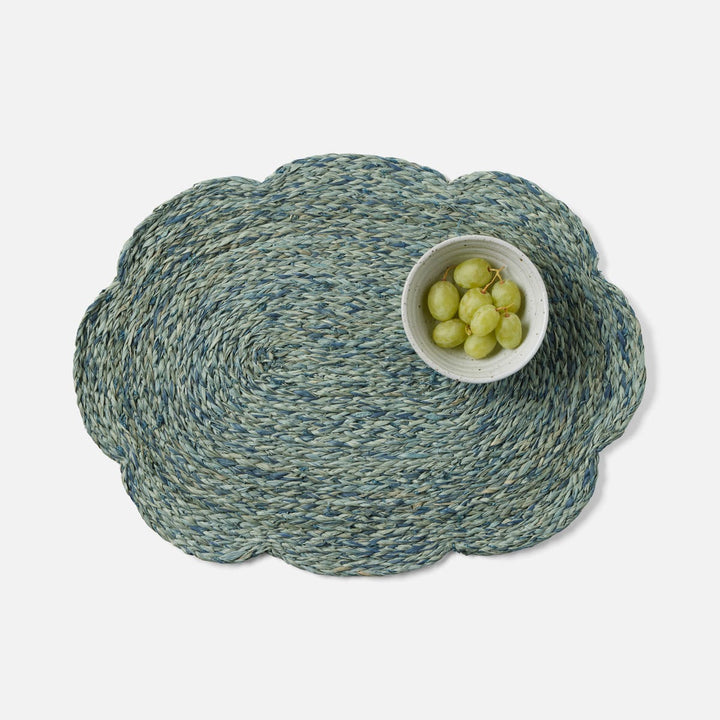 Vera Mixed Blue Flower Oval Placemat Raffia Pack/4
