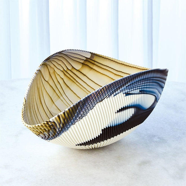 Pleated Bowl-Amber/Blue Filigree-Lg