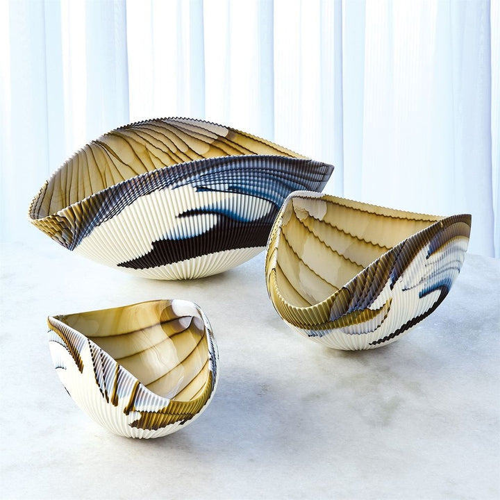 Pleated Bowl-Amber/Blue Filigree-Lg