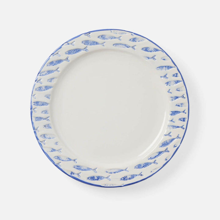 Gideon White/Blue Fish Dinner Plate Stoneware Pack/4