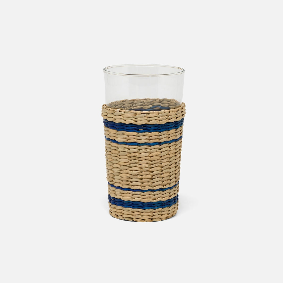 Zaley Natural/Navy Stripe Highball Woven Hand Blown Glass/Seagrass Pack/6