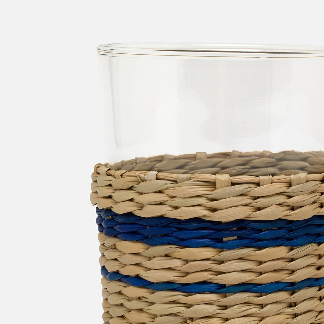 Zaley Natural/Navy Stripe Highball Woven Hand Blown Glass/Seagrass Pack/6