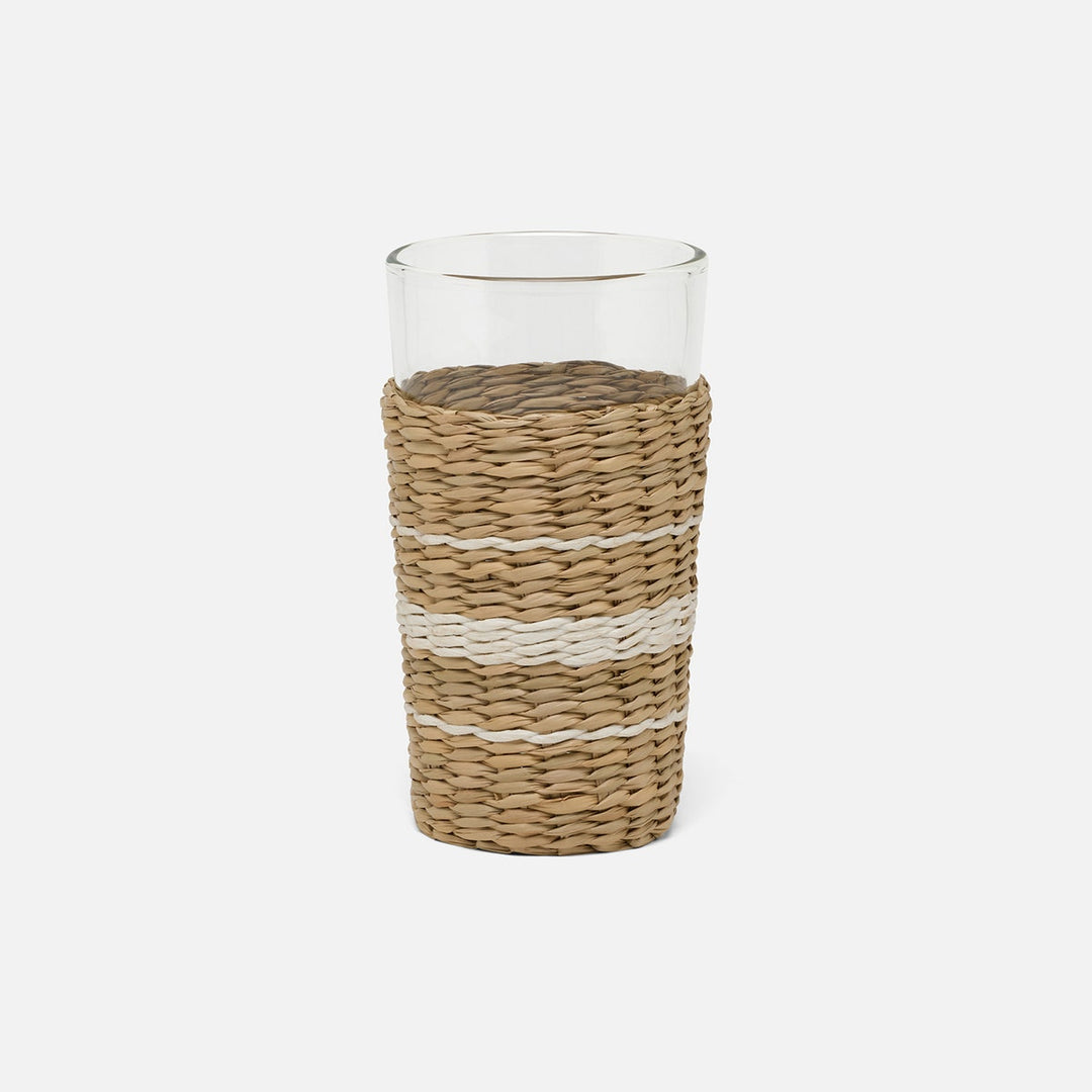 Zaley Natural/White Stripe Highball Woven Hand Blown Glass/Seagrass Pack/6
