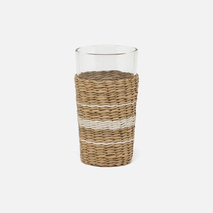Zaley Natural/White Stripe Highball Woven Hand Blown Glass/Seagrass Pack/6