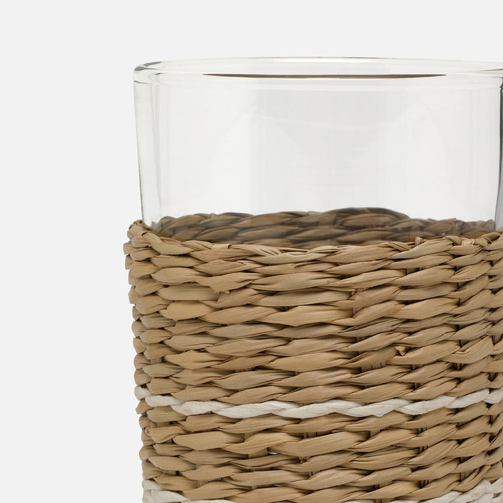 Zaley Natural/White Stripe Highball Woven Hand Blown Glass/Seagrass Pack/6