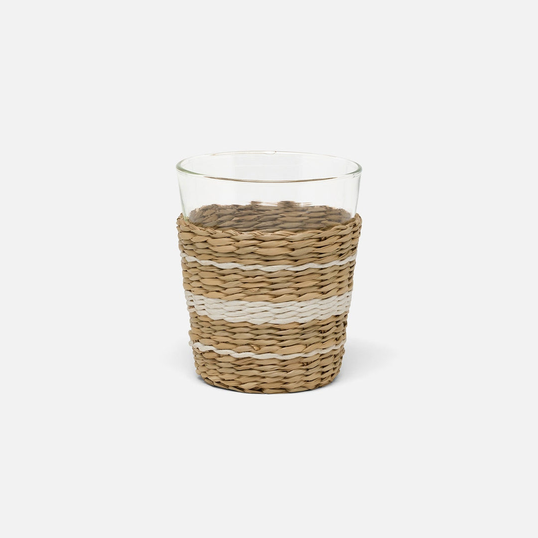 Zaley Natural/White Stripe Tumbler Woven Hand Blown Glass/Seagrass Pack/6