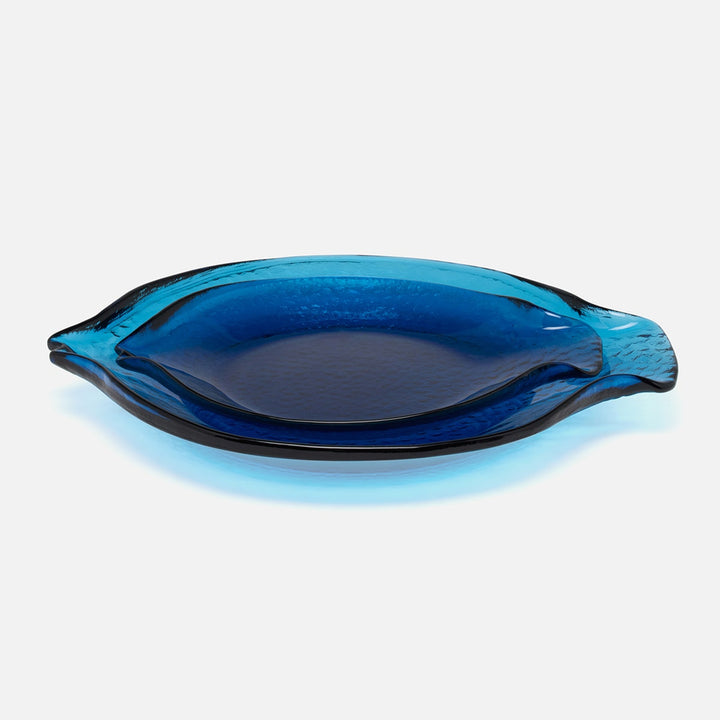 Blaire Dark Sapphire Fish Serving Platters Set/2 Hand Pressed Glass